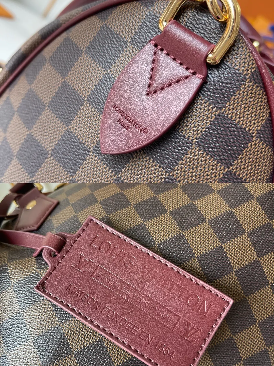 升级版 批140 M3A249 M3A350 M40391 本款 Speedy Bandouli&egrave;re 30 手袋出自 Flight Mode 系列，Damier 图案邂逅 Monogram Rouge 标识，巧妙融合两大路易威登经典元素。帆布包身搭配牛皮革饰边，莹润 LV 挂锁与可拆卸地址牌点亮精致细节。拉链内袋妥善存放随身小物。尺寸:30 x 21 x 17 (厘米) ((长 x 高 x 宽)