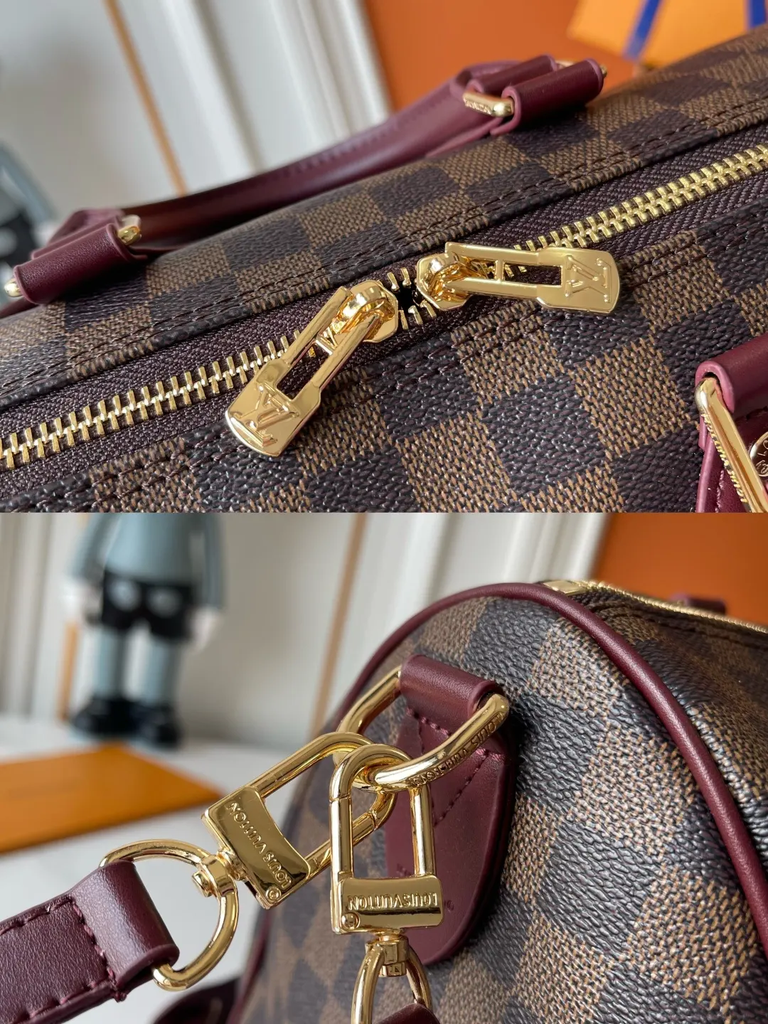 升级版 批140 M3A249 M3A350 M40391 本款 Speedy Bandouli&egrave;re 30 手袋出自 Flight Mode 系列，Damier 图案邂逅 Monogram Rouge 标识，巧妙融合两大路易威登经典元素。帆布包身搭配牛皮革饰边，莹润 LV 挂锁与可拆卸地址牌点亮精致细节。拉链内袋妥善存放随身小物。尺寸:30 x 21 x 17 (厘米) ((长 x 高 x 宽)